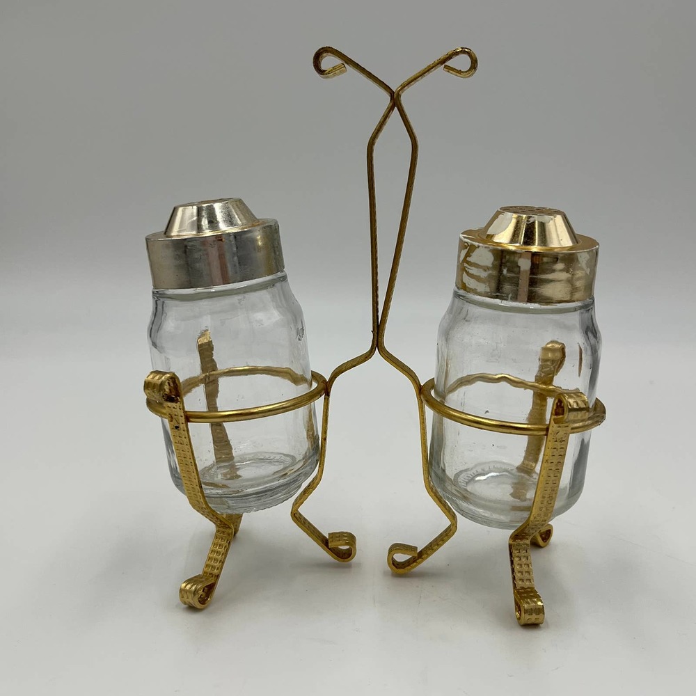 Vintage Unbranded Salt and Pepper Shakers‎ One Size Gold Holder Storage Kitchen
